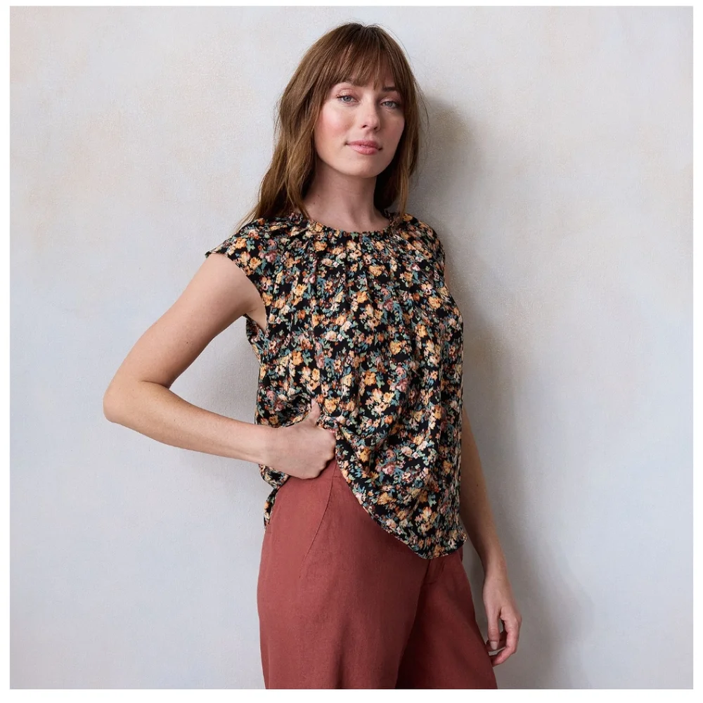LC Lauren Conrad Women's Pleated Scoop Neck Bow Tie Open Back Floral Top - Picture 1 of 7